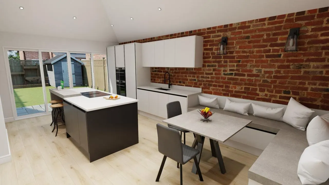 3D design visual of a white handleless kitchen with dark island, exposed brick wall and banquette seating