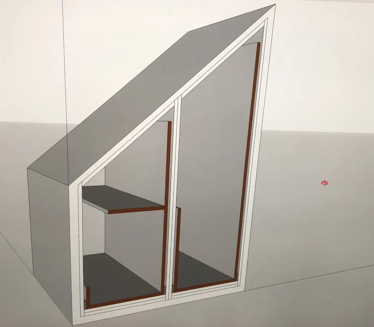 3D design drawing of two pull-out under-stair units with shelves